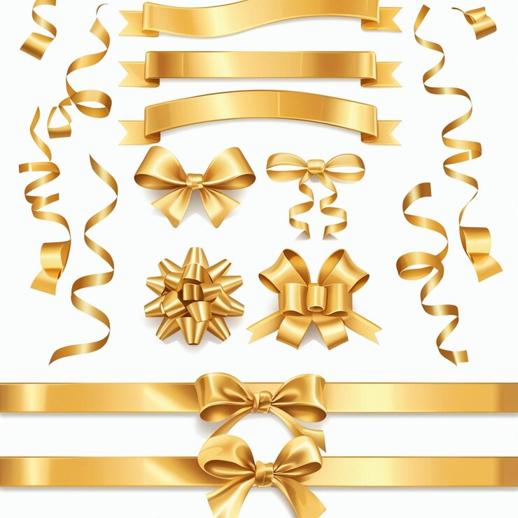 Foto realistico nastro d'oro amplificatore arco set vettoriale di decorazione regalo di lusso