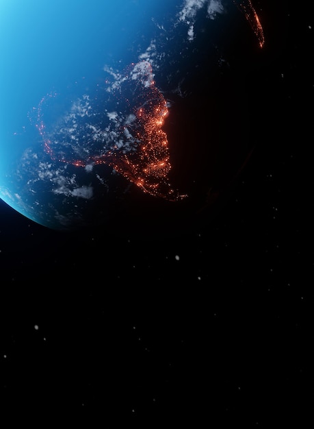 Realistico pianeta terra visto dallo spazio di notte che mostra le luci del sud america e nord america cinematico 3d rendering del pianeta terra consumo di energia elettrica industria concetti di ecologia