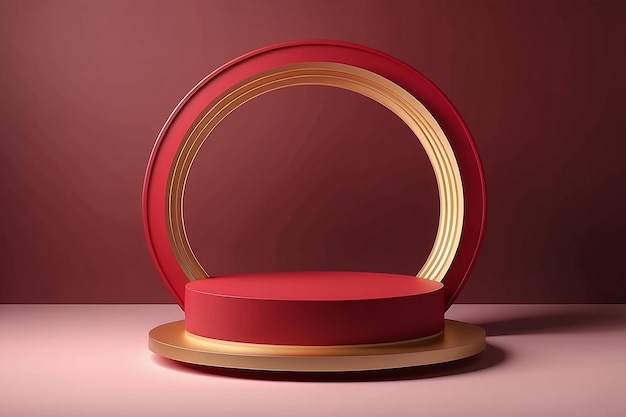 Realistico piedistallo cilindrico 3D rosso scuro e dorato con sfondo a forma di arco rosso Scena minima per la vetrina dei prodotti Display promozionale