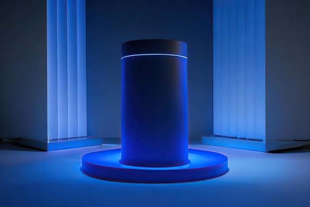 Realistico podio a piedistallo cilindrico 3D blu scuro sfondo blu