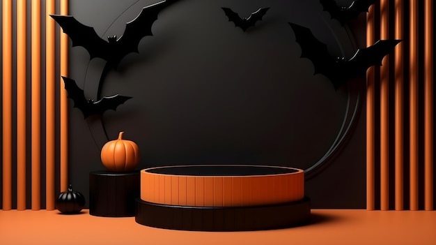 Realistico podio con piedistallo cilindro arancione e nero 3D con decorazioni di Halloween