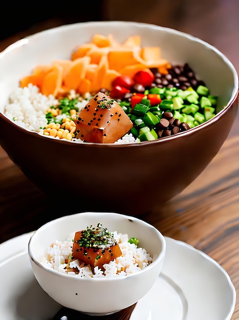 Realistico poke bowl colori neutri caldi illuminazione altamente dettagliata atmosfera accogliente ristorante senza ospiti generativa AI generata