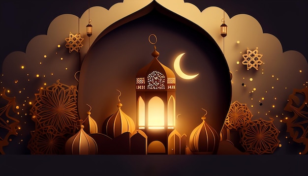 Realistico ramadan kareem eid mubarak sfondo con falce di luna e moschea Generative AI