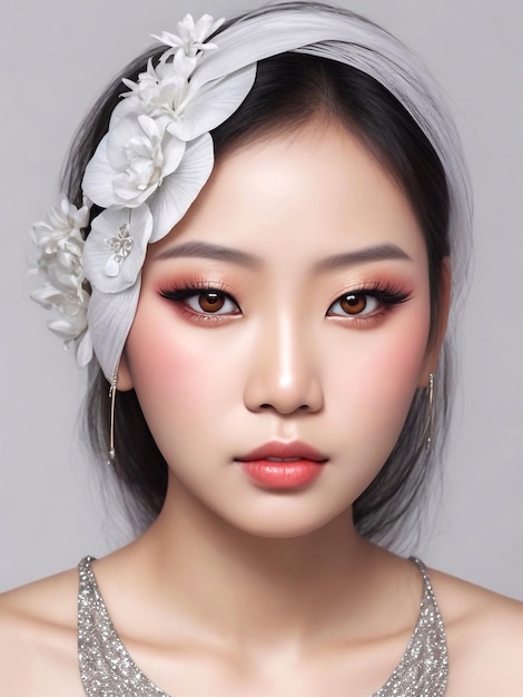 Realistico ritratto di bella donna coreana asiatica con trucco ragazza asiatica viso bello per il trucco