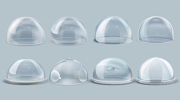 Realistico set di illustrazioni moderne di scudi di bolle di plastica lucidi di forme a sfera e cilindro contenitore di barattolo di plexiglass vuoto vetrina di cristallo vuota