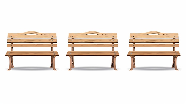Realistico set di illustrazioni moderne di vista anteriore di un giardino vuoto o una sedia di strada fatta di tavole di legno Sembra una panchina di parco o una panchina in cortile