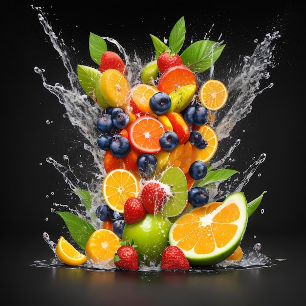 Realistico succo di frutta splash burst composizione con frutti su sfondo nero vuoto