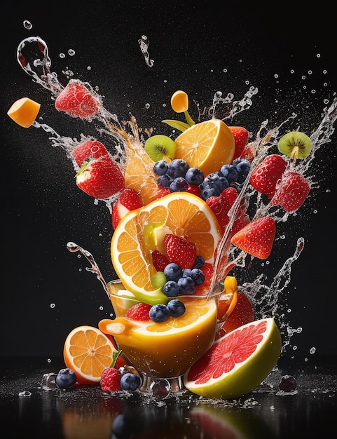 Realistico succo di frutta splash burst composizione con frutti su sfondo nero vuoto