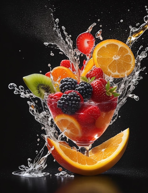 Realistico succo di frutta splash burst composizione con frutti su sfondo nero vuoto