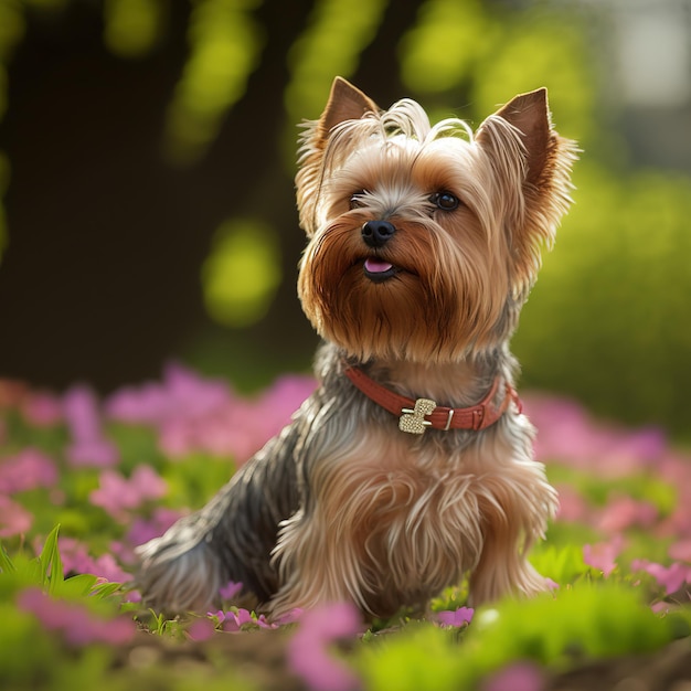 Realistico yorkshire terrier su incantevole sfondo naturale all'aperto