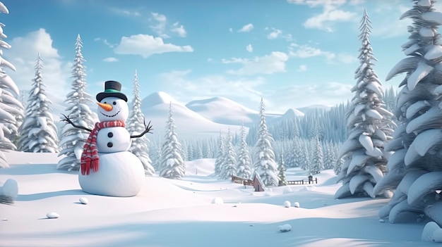 Realizza una scena con un pupazzo di neve circondato da un paesaggio innevato su uno sfondo bianco