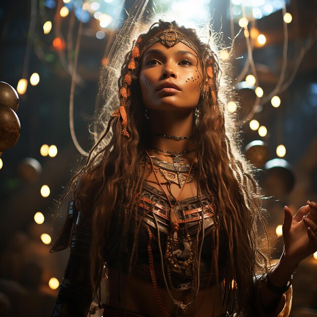 RealLife Female Shaman in piedi sul globo circondato