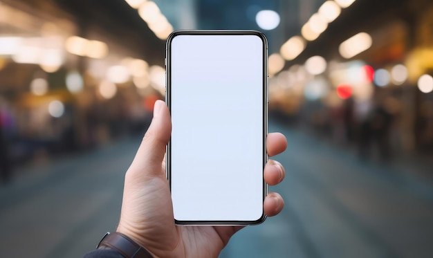 Realtà connesse La mano di un uomo tiene uno smartphone verticale in mezzo a uno sfondo sfocato Entra nel mondo della connettività senza soluzione di continuità mentre la mano di un uomo culla con grazia uno smartphone verticale