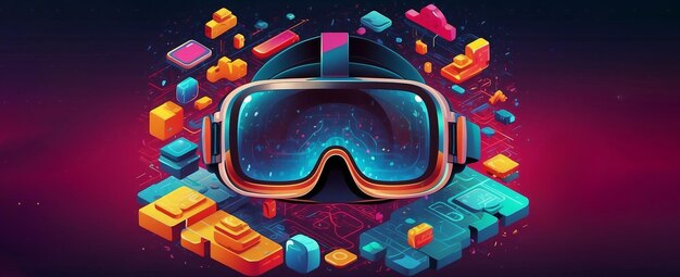 Realtà virtuale illustrazione isometrica stile cartone animato groovy colori vivaci brillanti