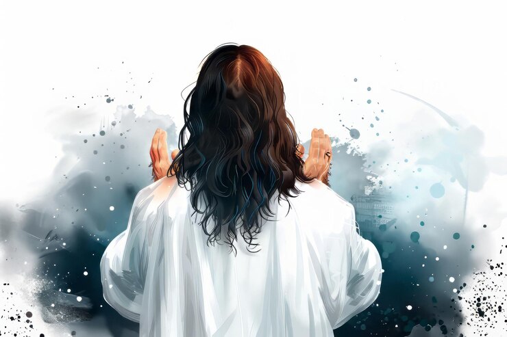 Rear view of Jesus Christ raised his hands and praying to God Generative AI