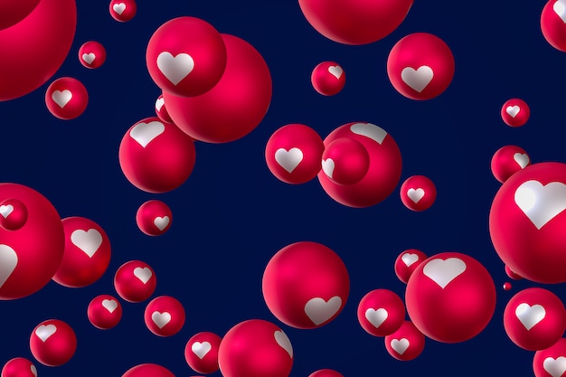 Reazioni di Facebook cuore emoji rendering 3d, simbolo di palloncino social media con il cuore