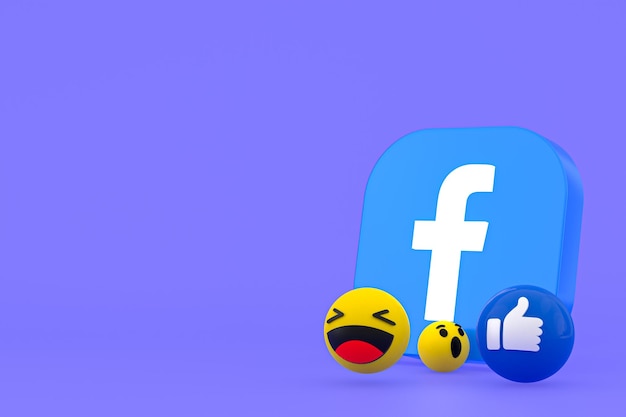 Reazioni di Facebook emoji 3d render, simbolo del palloncino dei social media con motivo a icone di Facebook