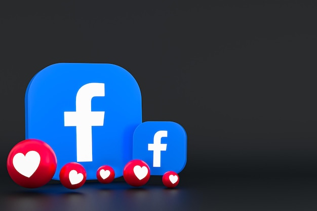 Reazioni di Facebook emoji 3d render, simbolo del palloncino dei social media con motivo a icone di Facebook