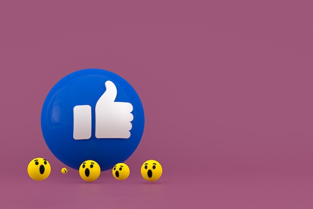 Reazioni di Facebook emoji 3d render, simbolo del palloncino dei social media con motivo a icone di Facebook