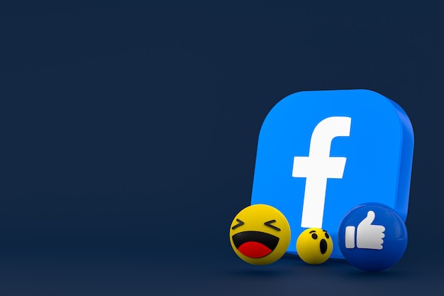 Reazioni di Facebook emoji rendering 3d, simbolo palloncino social media con motivo icone facebook