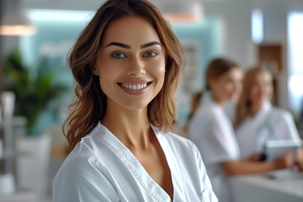 Receptionista allegra di una clinica di bellezza con un sorriso radioso in un moderno ufficio bianco