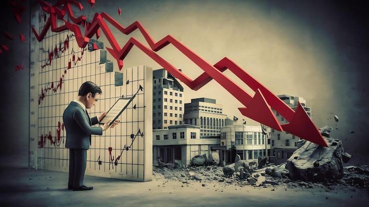 Foto recessione inflazione e depressione concetti grafico di crisi economica cadere business collasso un minuto