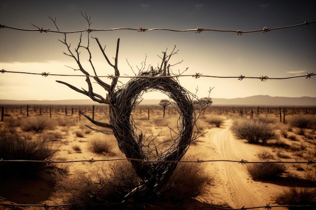 Recinto di filo spinato in un paesaggio postapocalittico deserto