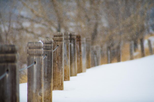 Recinzione del parco in legno nella tempesta di neve invernale