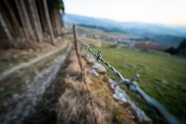 Recinzione di filo spinato sul campo