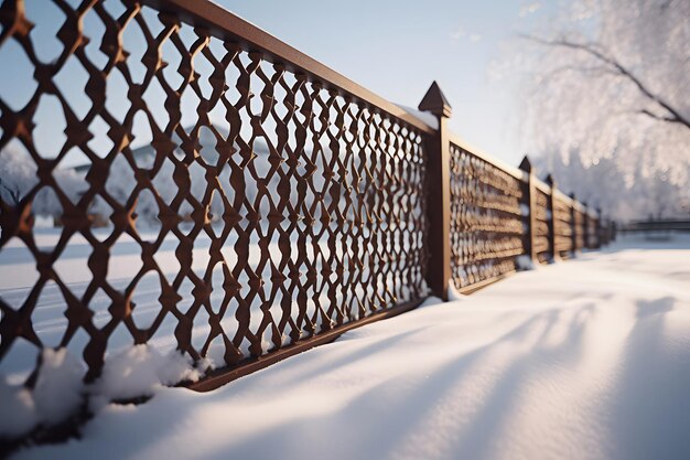 Recinzione in legno intagliato separa l'area della casa cottage dal campo innevato all'aperto Stagione invernale in campagna