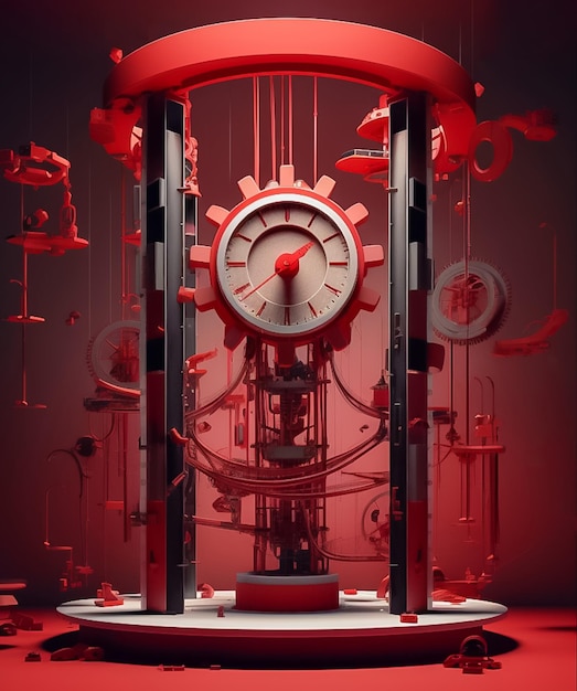 Red Abstract Technology Background con il concetto di orologio e Time Machine Ai generato