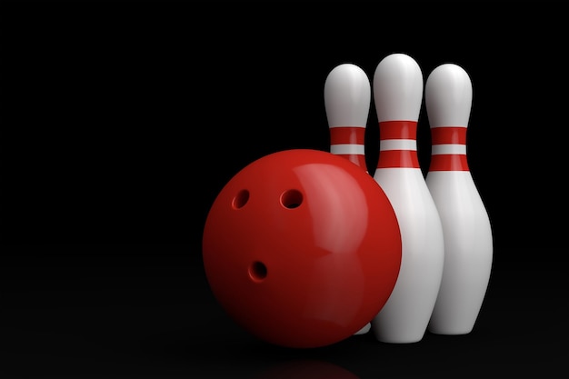 Red Bowling Ball e skittles bianchi isolati su sfondo nero Realistico set di gioco rendering 3D