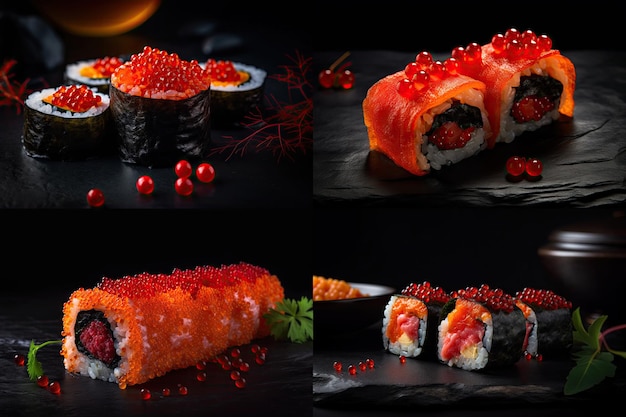 Red Caviar Sushi Rolls Collage Tradizionale giapponese Susi Caviar Susri impostato su sfondo scuro Abstract Generative AI Illustration