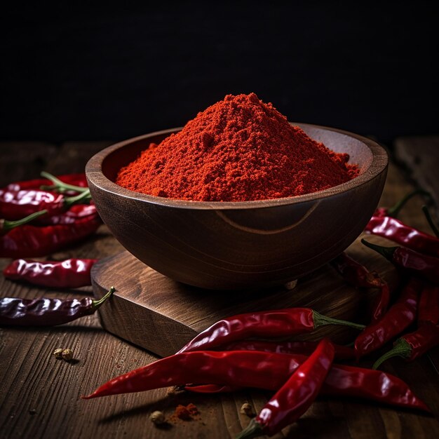 Red Chilly Powder in una ciotola su umore e sfondo bianco messa a fuoco selettiva