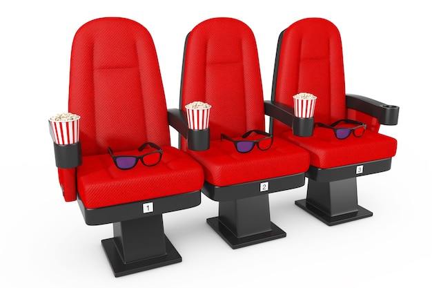 Red Cinema Movie comode sedie con popcorn e occhiali 3d su sfondo bianco. Rendering 3D