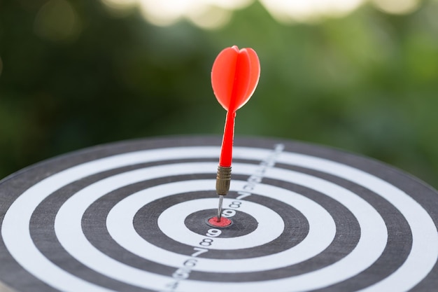 Red dart target arrow hitting on bullseye withtarget marketing and business success concept