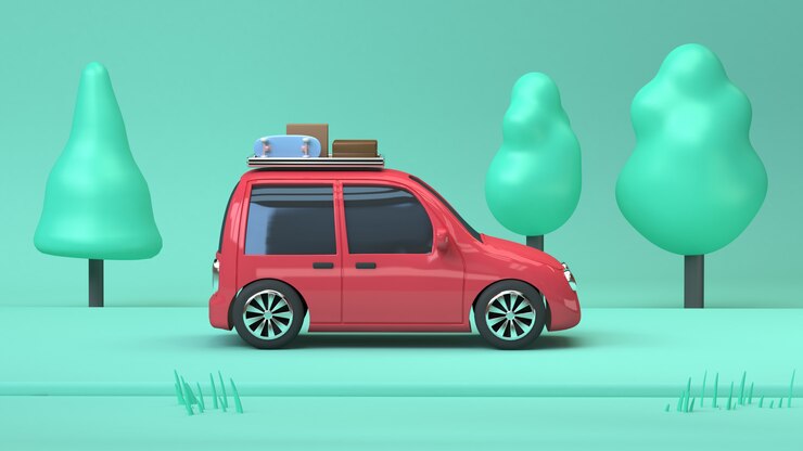 red eco car on the road with trees