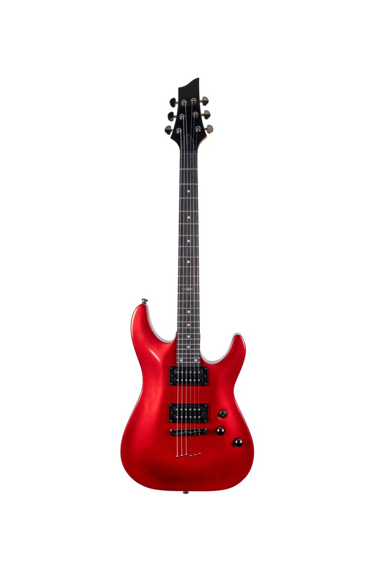 Red electric guitar isolated over white background