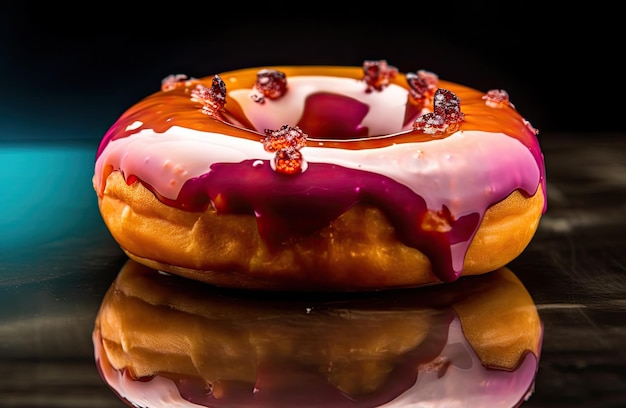 Red Glazed Donut Sweet Fruit Donut Cake Berries Donut Dessert su sfondo scuro Abstract Generative AI Illustration