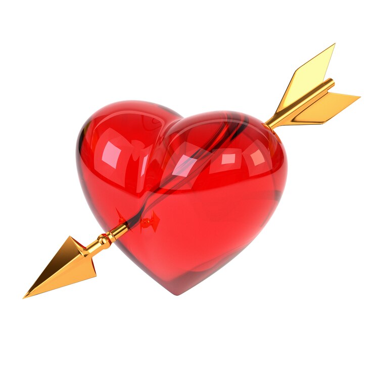 Red heart pierced by a golden arrow isolated on white background. Cupid's arrow. 