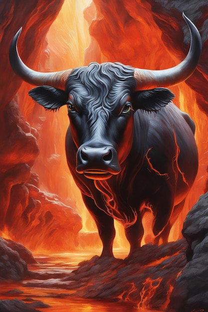 Red Hot Flaming Bull che emerge dalla grotta