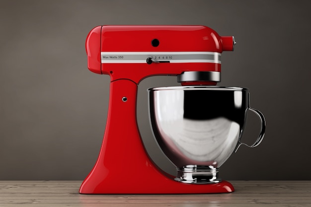 Red Kitchen Stand Food Mixer su un tavolo di legno. Rendering 3D