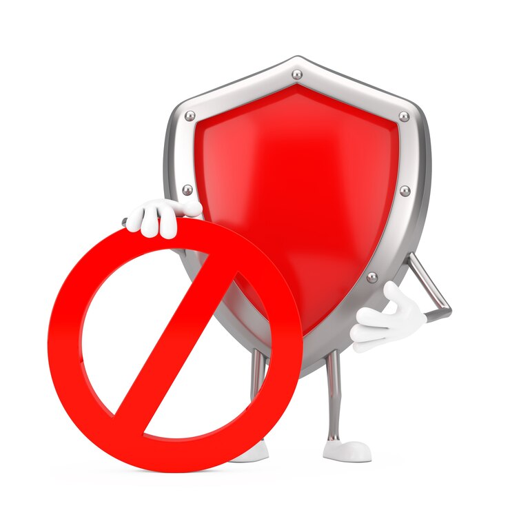 Photo red metal protection shield person character mascot with red prohibition or forbidden sign on a white background. 3d rendering