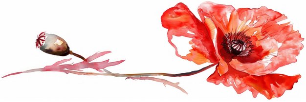 Red Poppy Flower Art Acquerel Pittura con dettagli disegnati a mano AI generativa