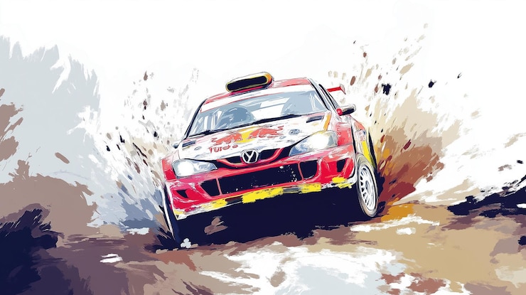 Red rally car speeding through a cloud of dirt