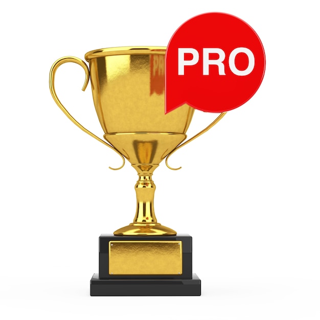 Red Speech Bubble Tag Lable con Pro Sign davanti al Golden Trophy su sfondo bianco. Rendering 3D