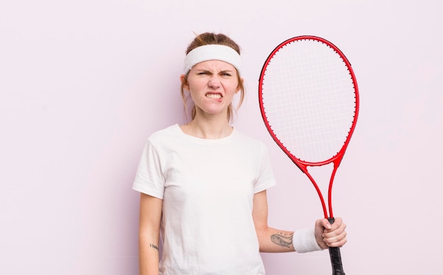 Redhead bella ragazza che sembra perplessa e confusa concetto di tennis