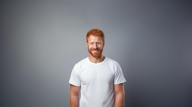 Redhead uomo che indossa camicia bianca mockup su sfondo grigio Mockup modello tshirt design