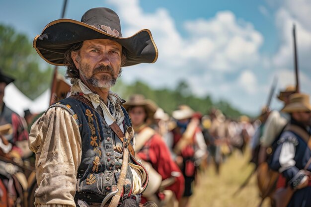 Reenactor concentrato in costume d'epoca in un evento storico