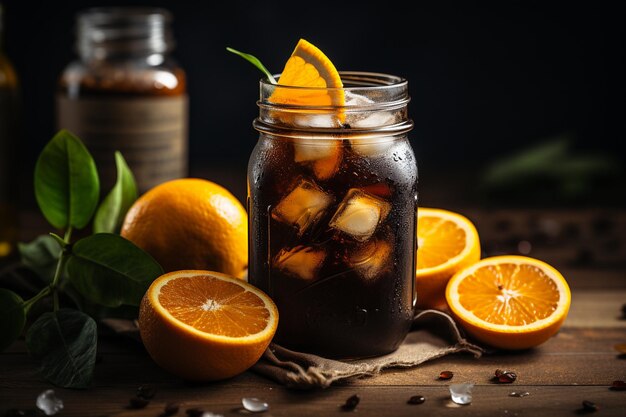 Refrescante caffè freddo in barattolo Mason con ghiaccio e limone twist